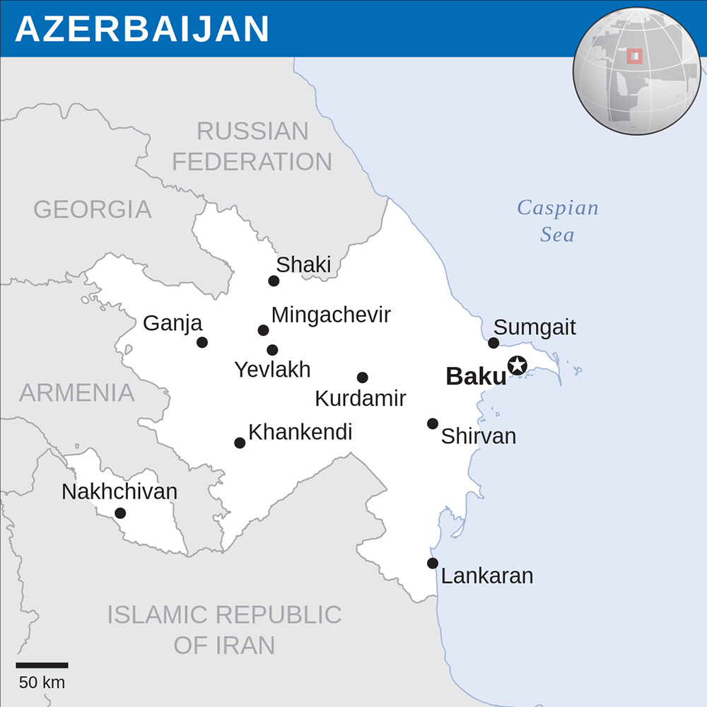 Mappa con le città Azerbaigian