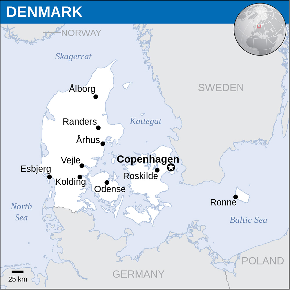 Mappa con le città Danimarca