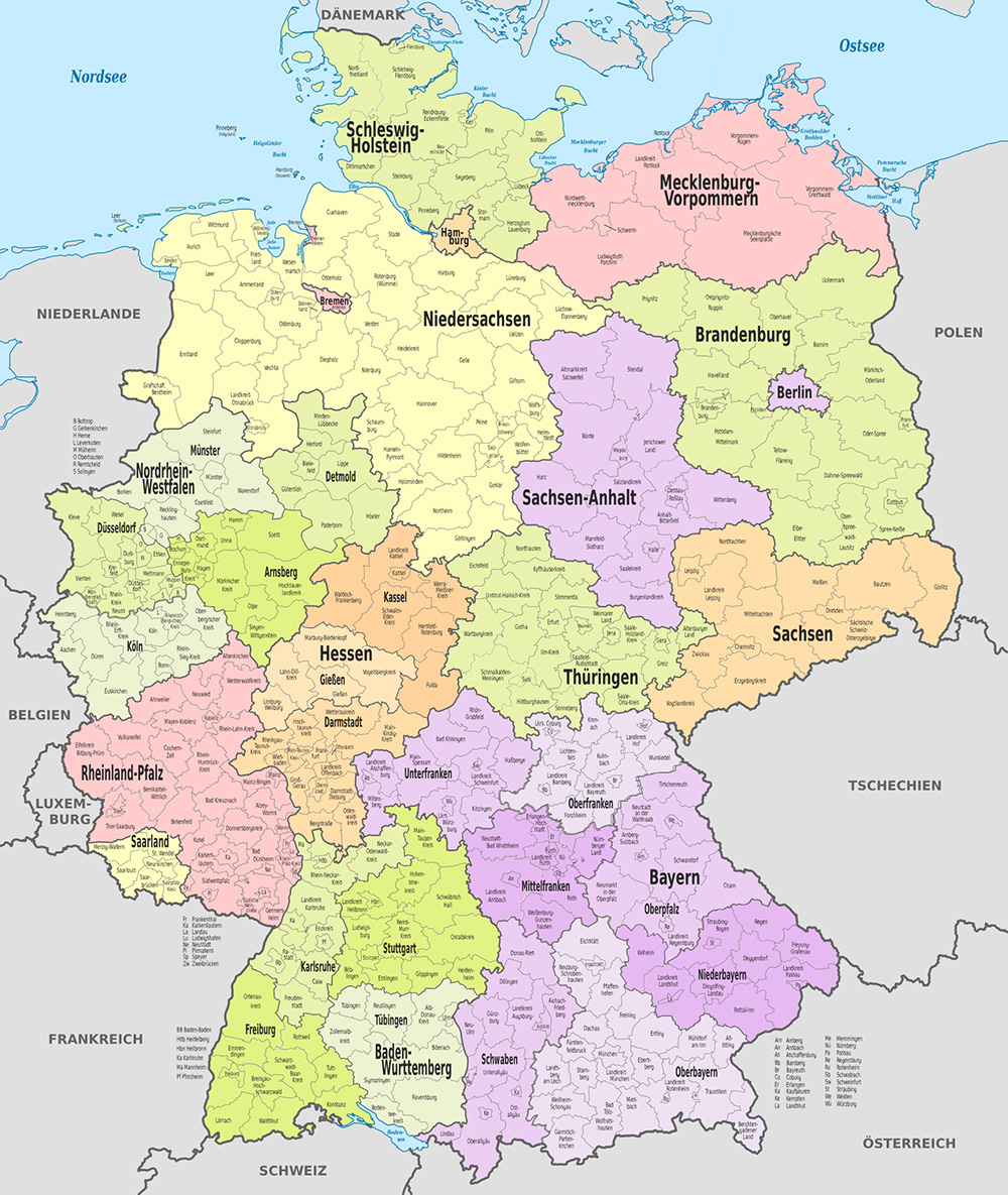 Mappa dettagliata regioni con le città Germania