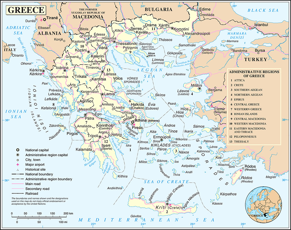 Mappa dettagliata con le città Grecia
